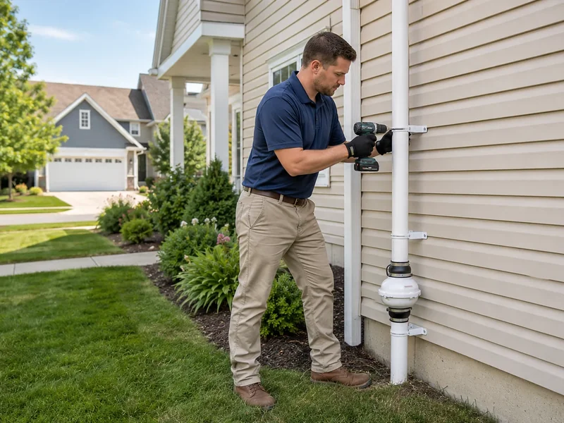 Radon technician fastening a vent riser to a home exterior